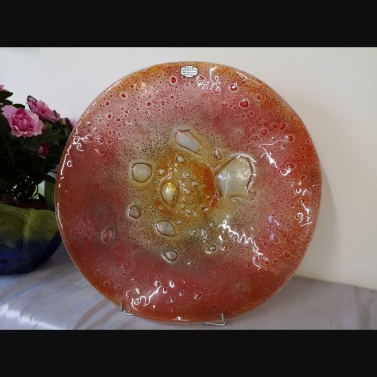 Patera szklana fusingowa z bąblami cerwono-żółta